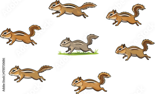 Cute chipmunk running animation, small squirrel illustration, forest wildlife cartoon art, adorable woodland animal drawing, nature-inspired digital artwork design