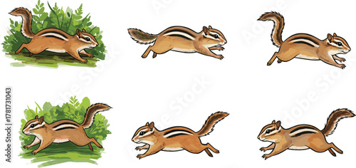Cartoon chipmunk running in forest, cute small animal illustration, wildlife nature artwork, fast squirrel drawing, woodland creature animation design