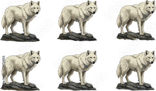 White arctic wolf standing on rock, wild animal illustration, snowy mountain predator artwork, winter wildlife scene, majestic wolf drawing