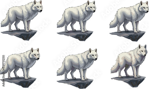 White arctic wolf standing on rock, wild animal illustration, majestic predator artwork, winter wildlife scene, snow wolf digital drawing