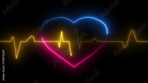 Neon Heart With Heartbeat Line Life Support neon line Illustration of the heartbeat and pulse rate signal of an abstract neon energy. Digital heartbeat line animation.
