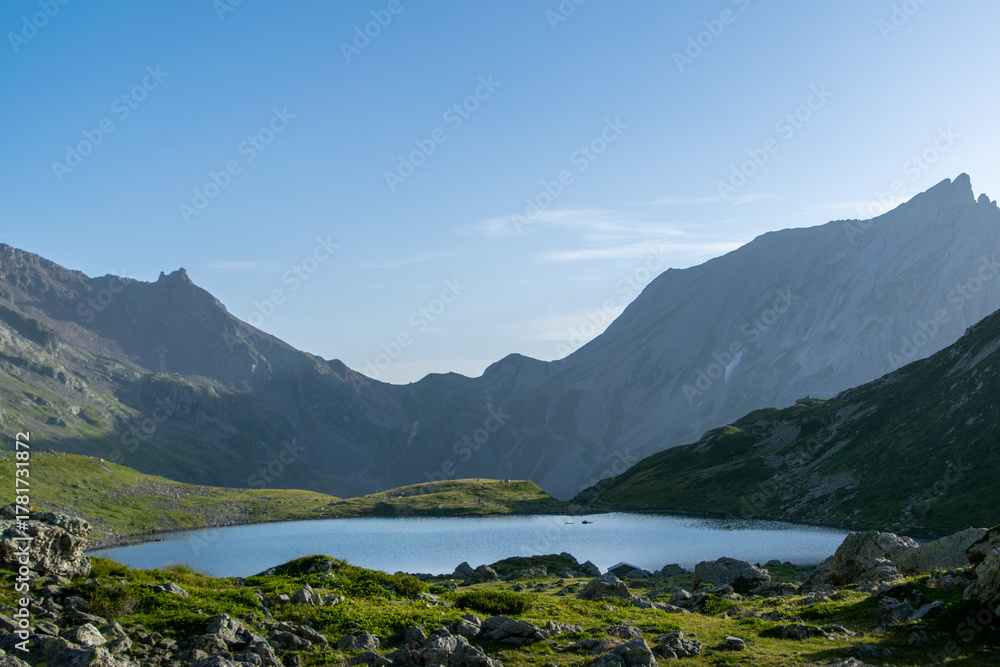 Obraz premium Alpine lake and fresh green grass with French mountains in the background