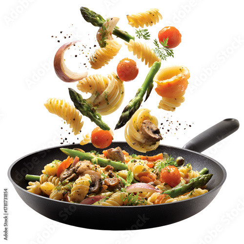 Delicious Pasta and Fresh Vegetables Floating on a Hot Pan