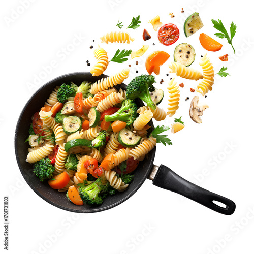 Delicious Pasta and Fresh Vegetables Floating on a Hot Pan