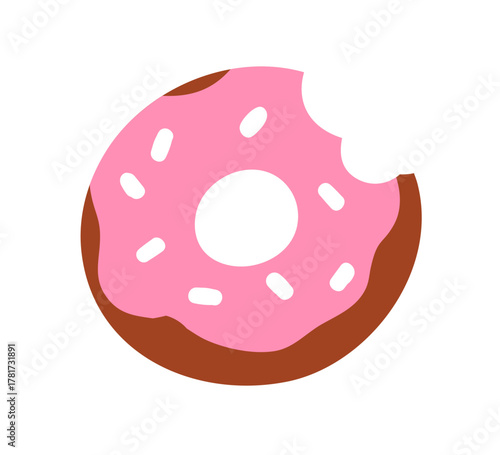 Donut with bite. Sweet doughnut coated with icing, frosting and sugar sprinkles. Round circle bakery food, delicious dessert, glazed pastry treat. Flat vector illustration isolated on white background