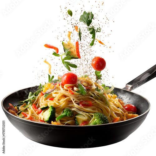 Delicious Pasta and Fresh Vegetables Floating on a Hot Pan