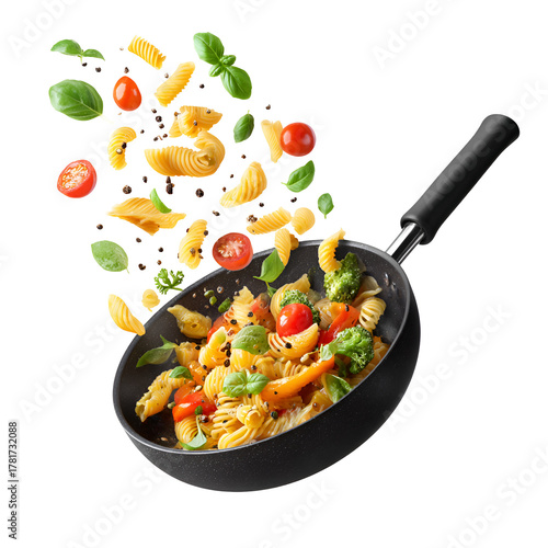 Delicious Pasta and Fresh Vegetables Floating on a Hot Pan