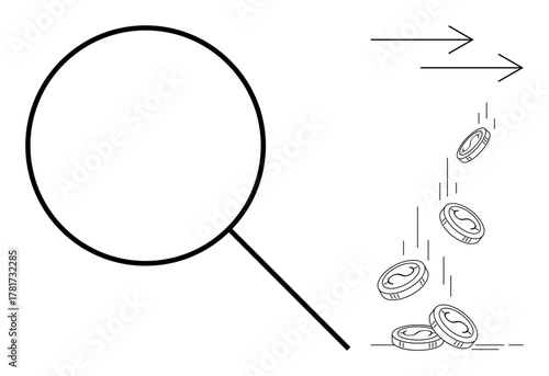 Magnifying glass focusing on falling coins with directional arrows suggesting financial analysis, investment evaluation, economy trends, cost assessment, audit, currency value study, and savings