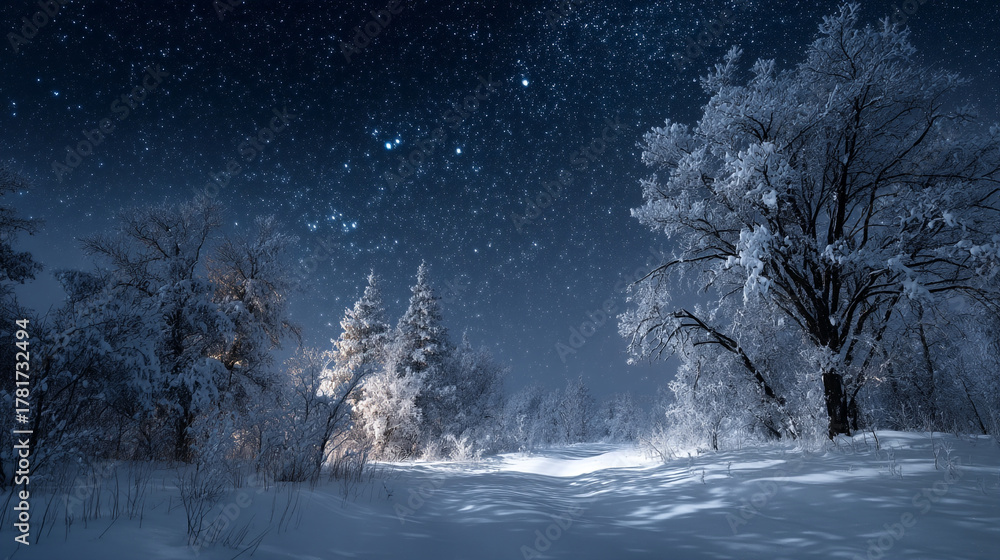Naklejka premium A winter wonderland landscape with snow covered trees and a starry night sky above the forest scene