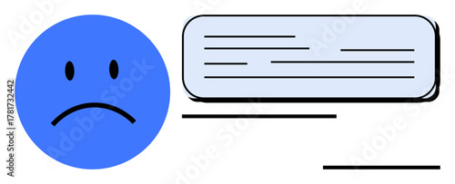 Blue sad face emotion representing disappointment next to a text message with lines showing conversation flow. Ideal for communication, emotion, sadness, misunderstanding, feedback, social media