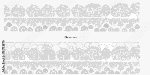 Stylized gray elevation drawings of trees and bushes for architectural landscaping design