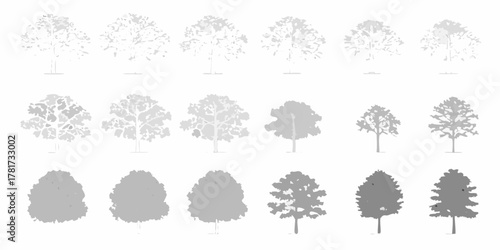 Collection of diverse stylized trees in various shades of gray and white on a clean background