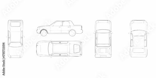 Set of car blueprints showing top side front and rear views of a sedan outline