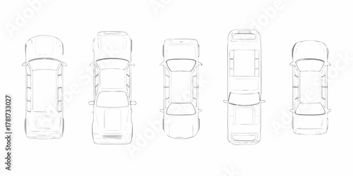 Collection of five hand drawn vehicle outlines viewed from directly above on a white background