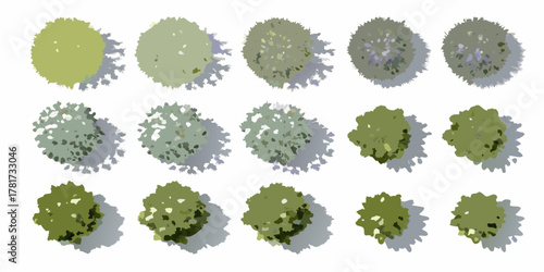 Collection of stylized top down view trees with shadows for architectural design and landscaping projects