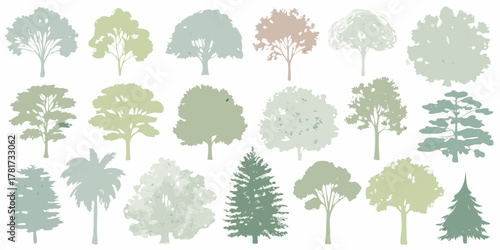 Collection of stylized tree silhouettes in muted pastel green and pink tones on a white background
