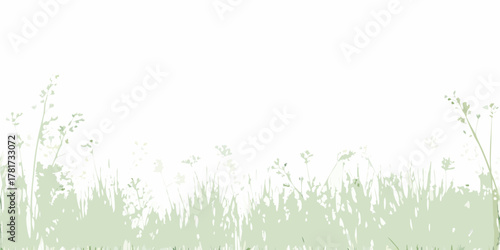 Soft green watercolor style grass and delicate wildflowers against a clean white background