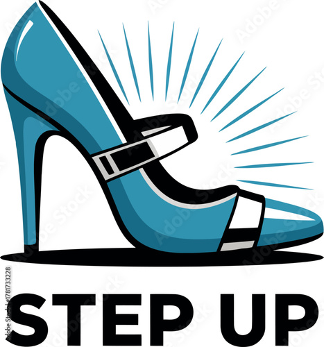 Blue high heel shoe with radiating lines and step up text blue shoe stiletto