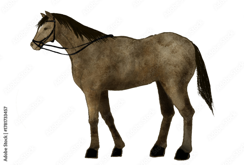 Fototapeta premium 手綱をつけた裸馬のイラスト 装具をつけていない馬の姿 