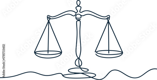 Single line drawing of dark blue justice scales on white background balance legal