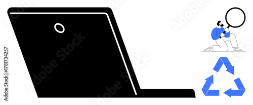 Open laptop alongside person using magnifying glass for analysis and blue recycling arrows. Ideal for digital sustainability, analysis, eco-tech, research, innovation, education, teamwork. Simple