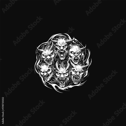 black and white illustration featuring a swirling circle of six screaming demonic faces with horns