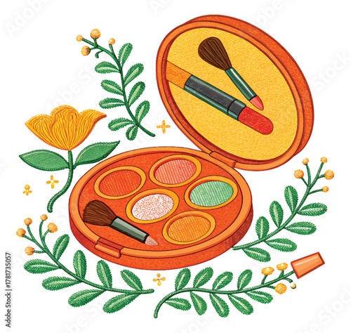 Charming floral makeup palette with vibrant eyeshadows and brushes, a perfect addition for beauty and cosmetic designs with a touch of springtime flair