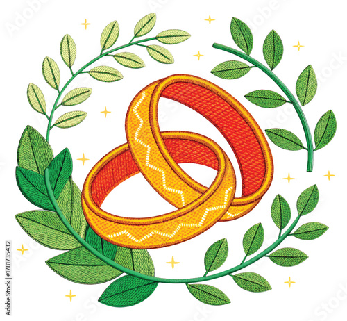 Elegant wedding rings intertwined with lush greenery, a symbol of everlasting love and commitment, perfect for invitations and romantic designs