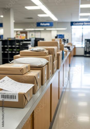Customers returning parcels at post office desk with queue rope and cardboard boxes ecommerce return logistics and delivery concept in modern postal service