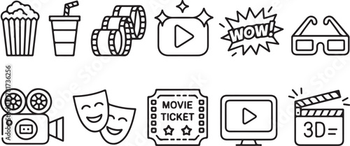 Outline Icons of Movie Theme with Popcorn, Drink, Film Reel, Projector, Ticket, and Clapboard