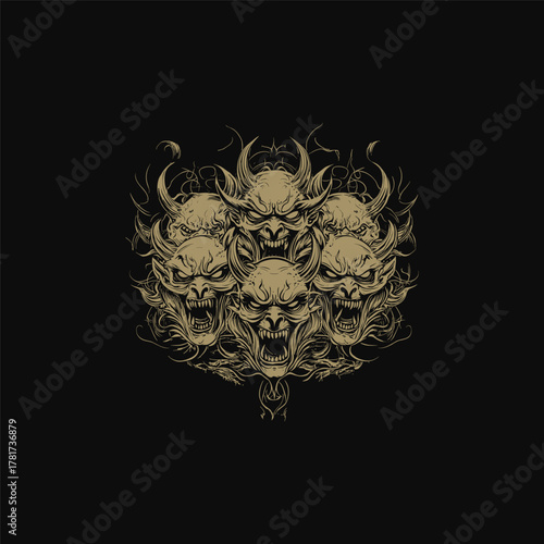 vector illustration featuring multiple demonic Hannya masks or Oni faces intertwined in a frightening