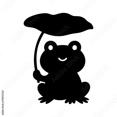 葉っぱの傘をさすかわいいカエルのシルエット