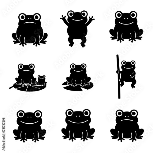 かわいいカエルのシルエットセット（いろいろなポーズ）cute frog silhouette set
