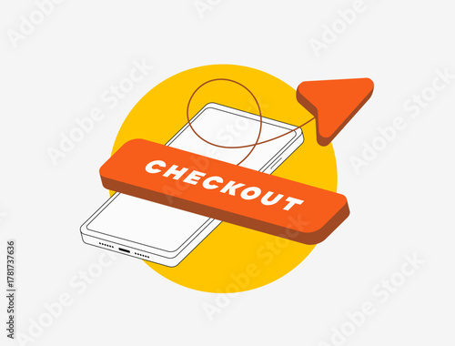 Mobile checkout optimization concept. E-commerce one click payment. Frictionless checkout mobile graphic. Ecommerce checkout flow with mobile phone, online shopping experience, isometric illustration