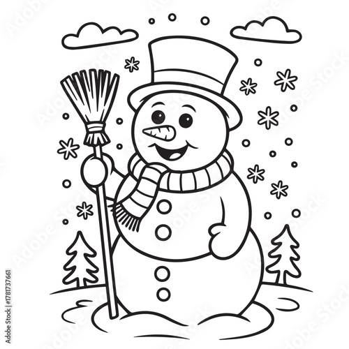 Outline of a snowman in winter wearing a hat and scarf, holding a broom, coloring book, contour, outline, page, kids, coloring page, book, printable, easy, coloring, pages