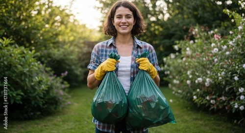   Cleaning the earth: a smiling woman in a garden, holding two trash bags, symbolizing commitment to protect the Earth.