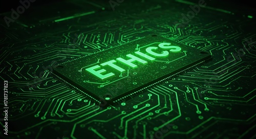 Digital Ethics:  A glowing representation of ETHICS illuminates the intricate circuitry of the digital world, underscoring the vital need for moral principles and standards in technology.
