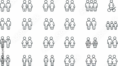 Illustration showing multiple groups of people consisting of pairs and small groups in a line drawing style