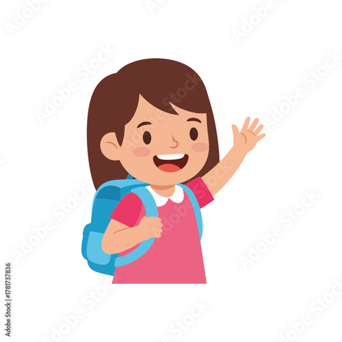 Cheerful young girl with a backpack waving and smiling, ready for school.