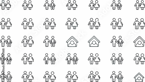 Illustration showing multiple stick figure couples and home icons arranged in a grid pattern design element