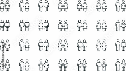 Illustration showing multiple variations of stick figure couples standing next to each other in rows and columns