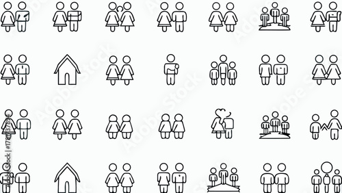 Illustration depicting various family and relationship structures using simple line drawings and icons style