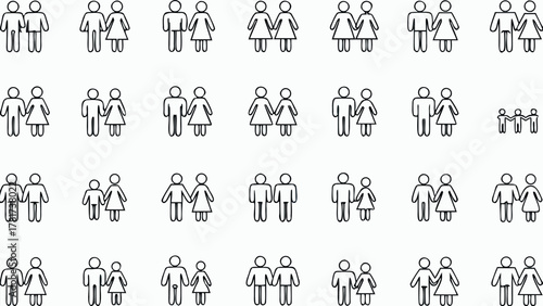 Illustration showing various stick figure couples and families in simple black and white outline design style