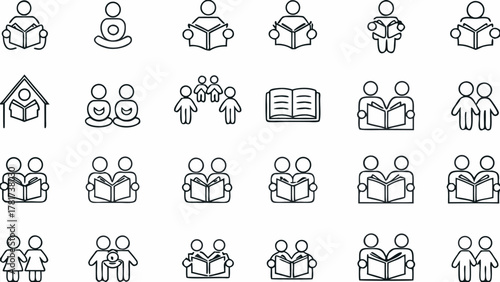 Illustration showing a collection of people icons reading books, meditating, and in group settings in black and white