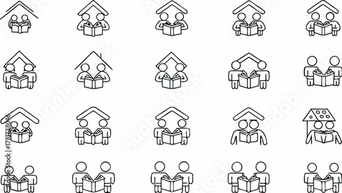 Illustration showing multiple instances of people reading books together under roof structures design