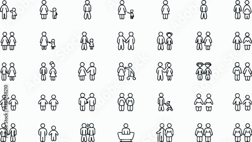 Illustration of diverse stick figure families and relationships in various configurations and groupings shown
