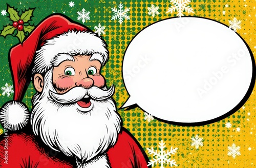 Festive santa claus pop art with speech bubble and snowflakes