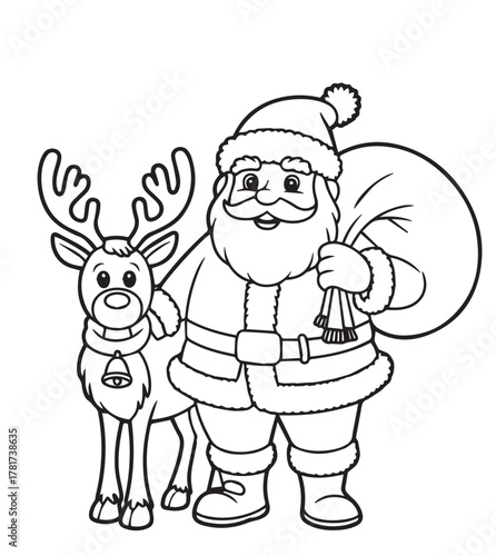 Cartoon Santa is cheerfully posing with his reindeer friend in an outlined illustration, coloring book, contour, outline, page, kids, coloring page, book, printable, easy, coloring, pages