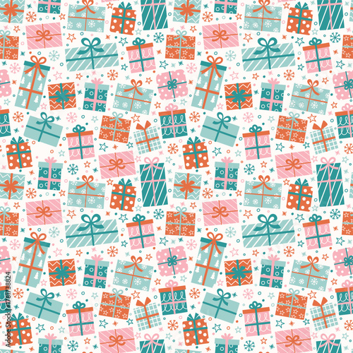 Fotomural Seamless texture with colourful hand drawn gift boxes