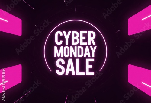 Cyber monday sale neon sign with pink and black lighting effect